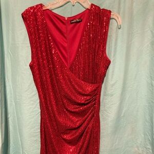 Luxe Red Sequin Ruched Asymmetrical Cocktail Dress